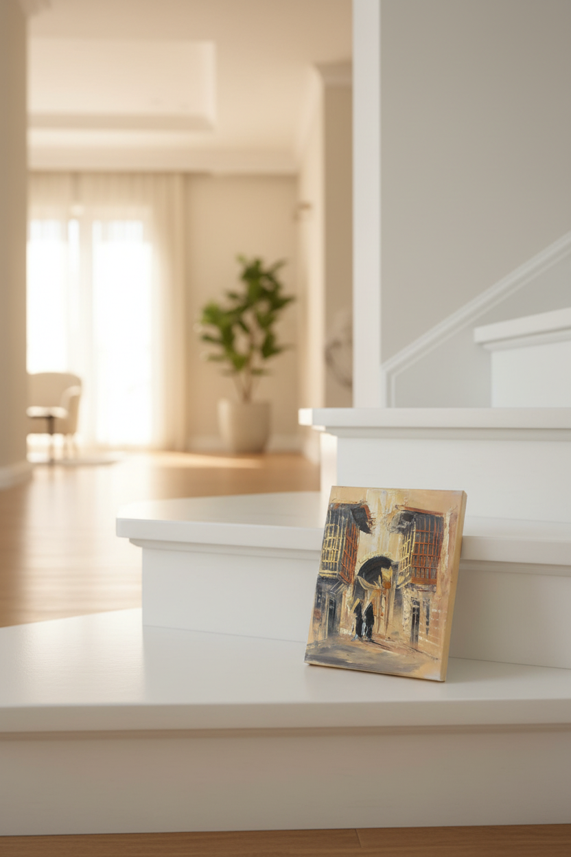 Original alleyway impasto oil painting resting on marble staircase step in luxury home interior