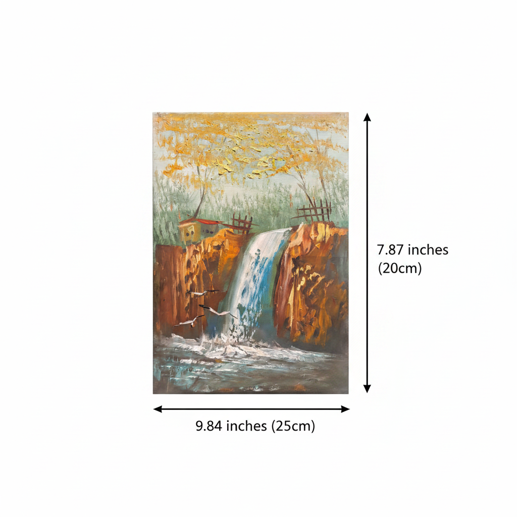 Dimension diagram: autumn waterfall landscape oil painting 9.84 inches wide by 7.87 inches tall on white background