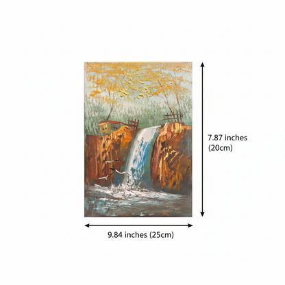 Dimension diagram: autumn waterfall landscape oil painting 9.84 inches wide by 7.87 inches tall on white background