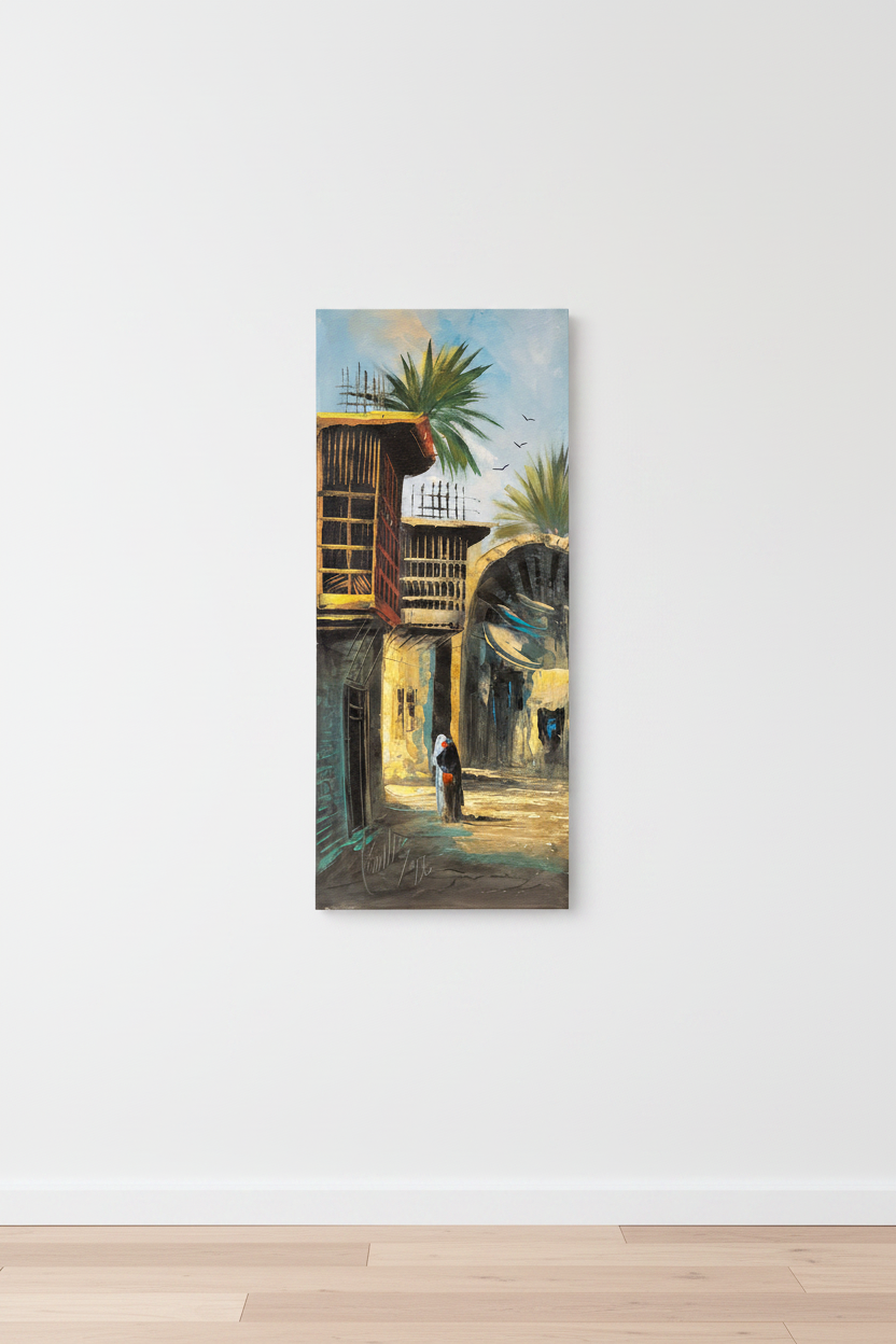 Original oil painting hung centered on an empty white wall, no frame, canvas only