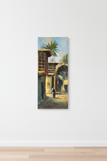 Original oil painting hung centered on an empty white wall, no frame, canvas only