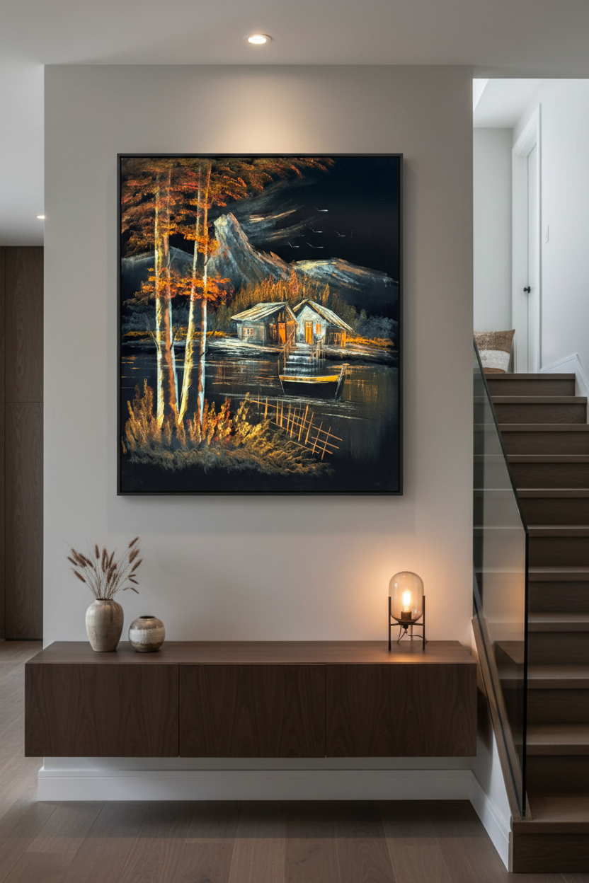 Mountain lakeside cabin night scene canvas art staged on a modern home stairway wall
