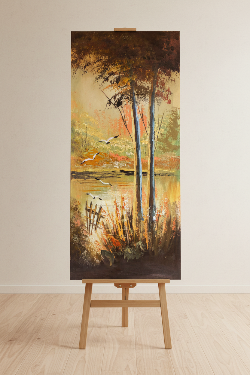 Original oil painting displayed upright on a wooden art easel stand in a studio, no frame