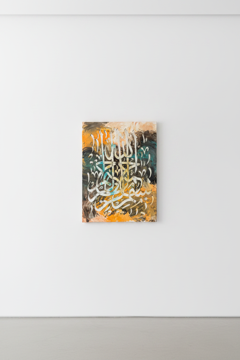 Bismillah Arabic calligraphy canvas art centered on a large empty white wall, minimal modern interior, no frame gallery wrap, gallery-style display