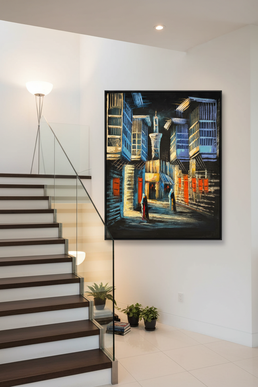 Middle Eastern historic city street night scene canvas art staged on a modern home stairway wall