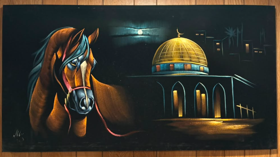 Arabian horse and Dome of the Rock night scene canvas wall art – original painting with majestic brown horse portrait, golden mosque dome, crescent moon, and Jerusalem skyline