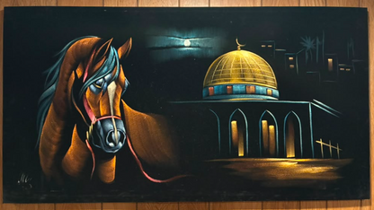 Arabian horse and Dome of the Rock night scene canvas wall art – original painting with majestic brown horse portrait, golden mosque dome, crescent moon, and Jerusalem skyline