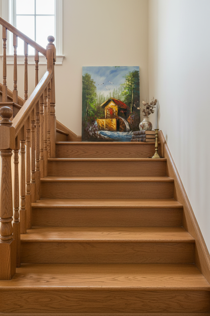 Golden watermill cottage oil painting staged on luxury staircase ledge – no frame