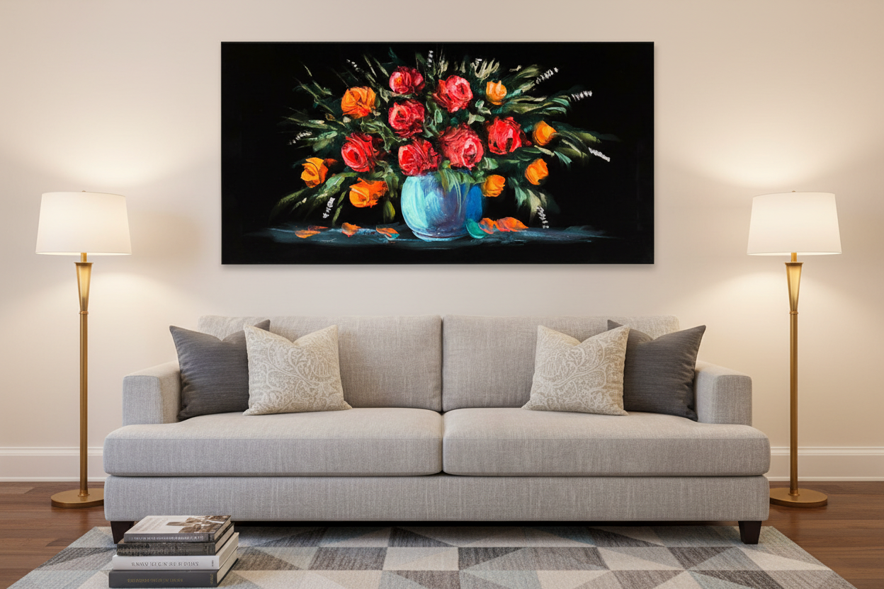Red Orange Roses painting displayed in luxury living room area setting