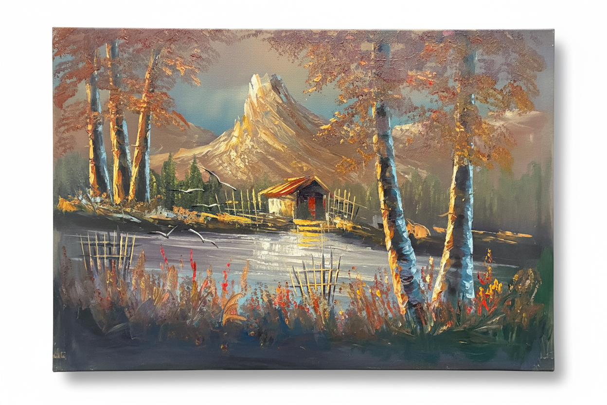 Original oil painting Mountain Retreat on white background with shadow, unframed canvas 35.43 by 23.62 inches