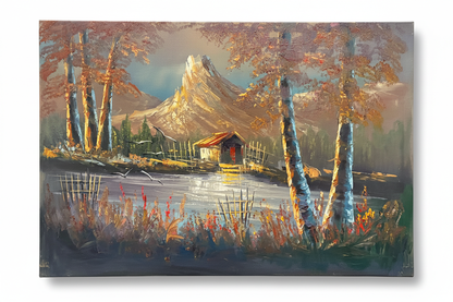 Original oil painting Mountain Retreat on white background with shadow, unframed canvas 35.43 by 23.62 inches