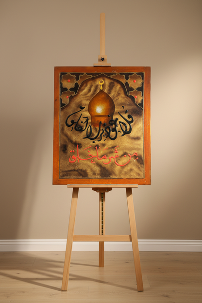La A'udhu bi Rabb il-Falaq Islamic calligraphy canvas art displayed on wooden easel stand in modern living room