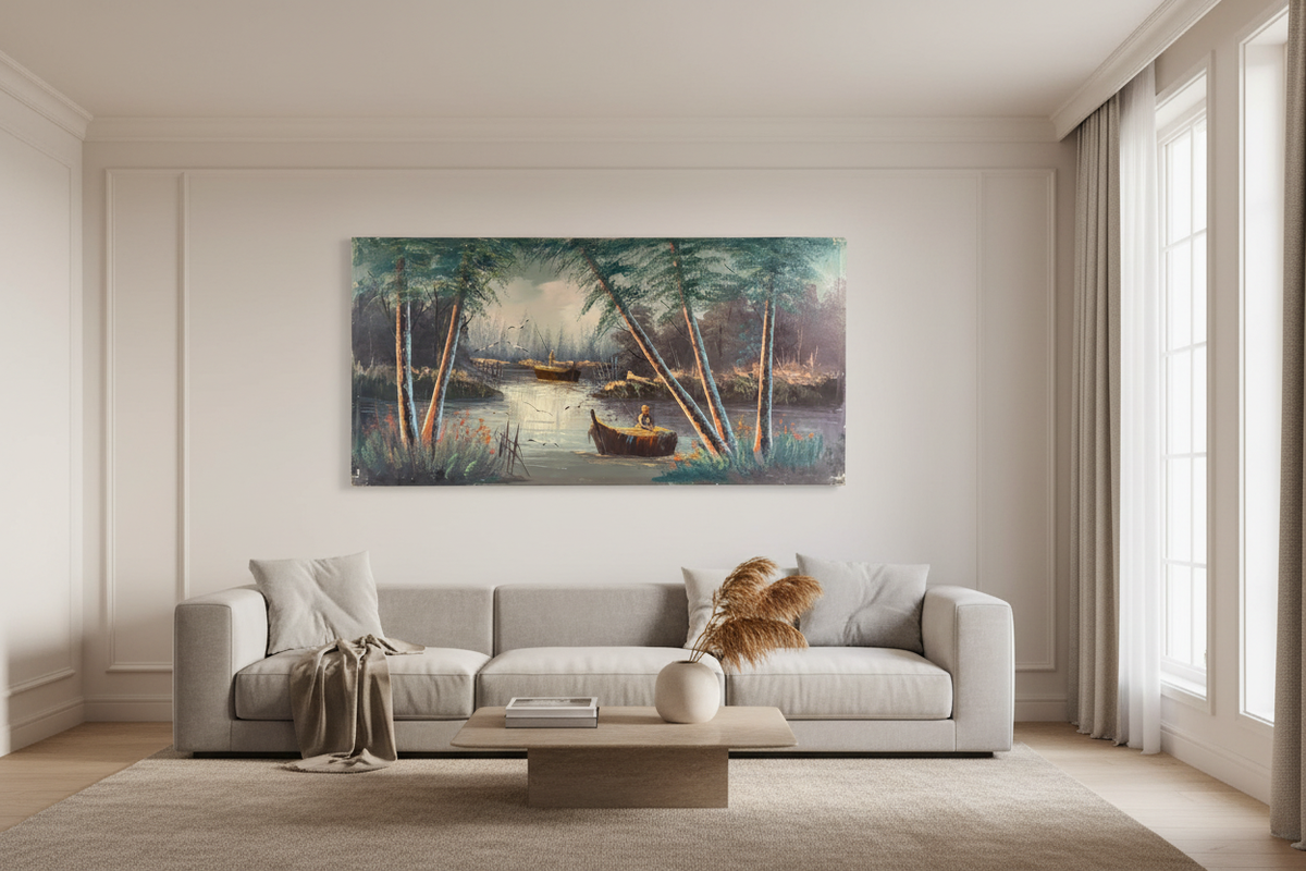 Nature painting hung in modern family living room – lifestyle interior view