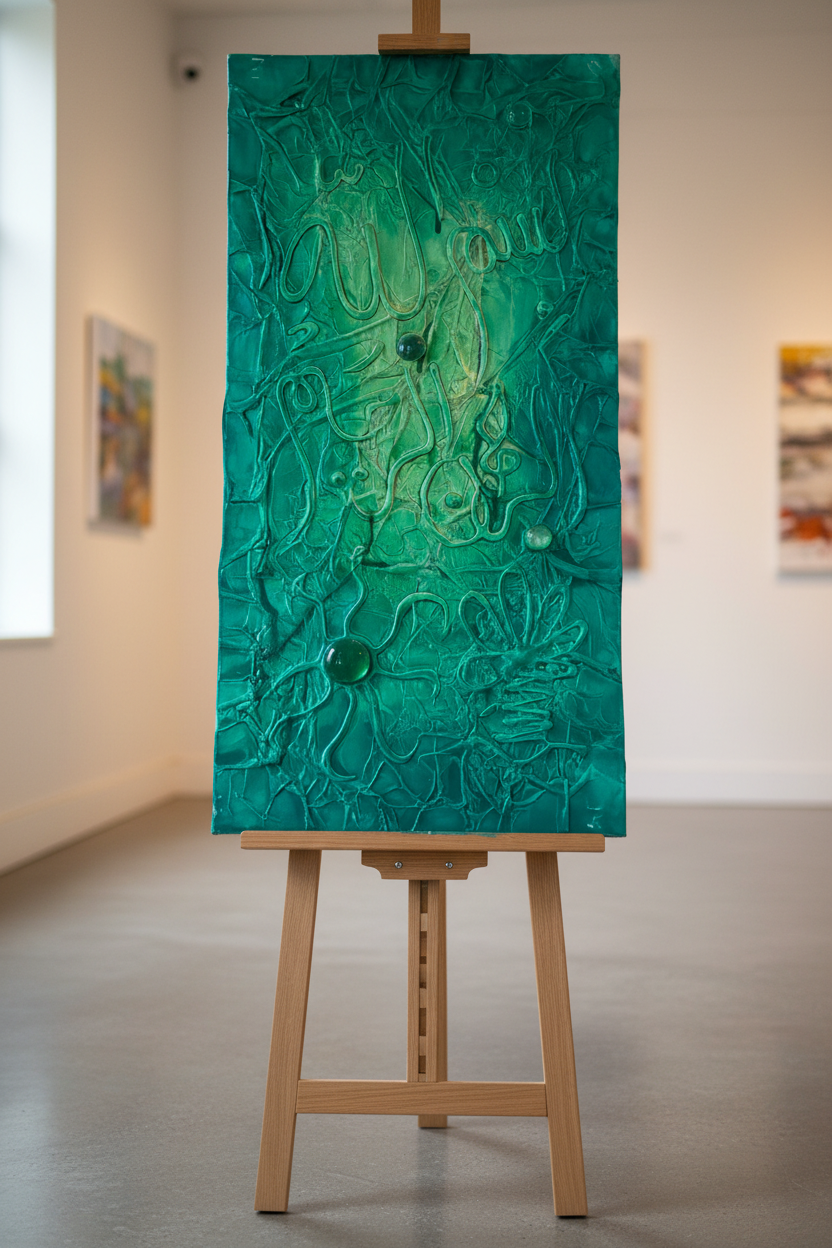 Islamic calligraphy emerald green canvas displayed on art stand