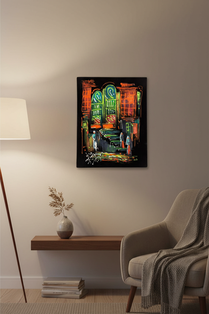 Mosque facade night Islamic heritage canvas art displayed in small cozy room lifestyle photo
