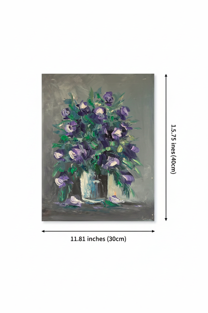 Dimension diagram: purple roses bouquet oil painting 11.81 inches wide by 15.75 inches tall on white background