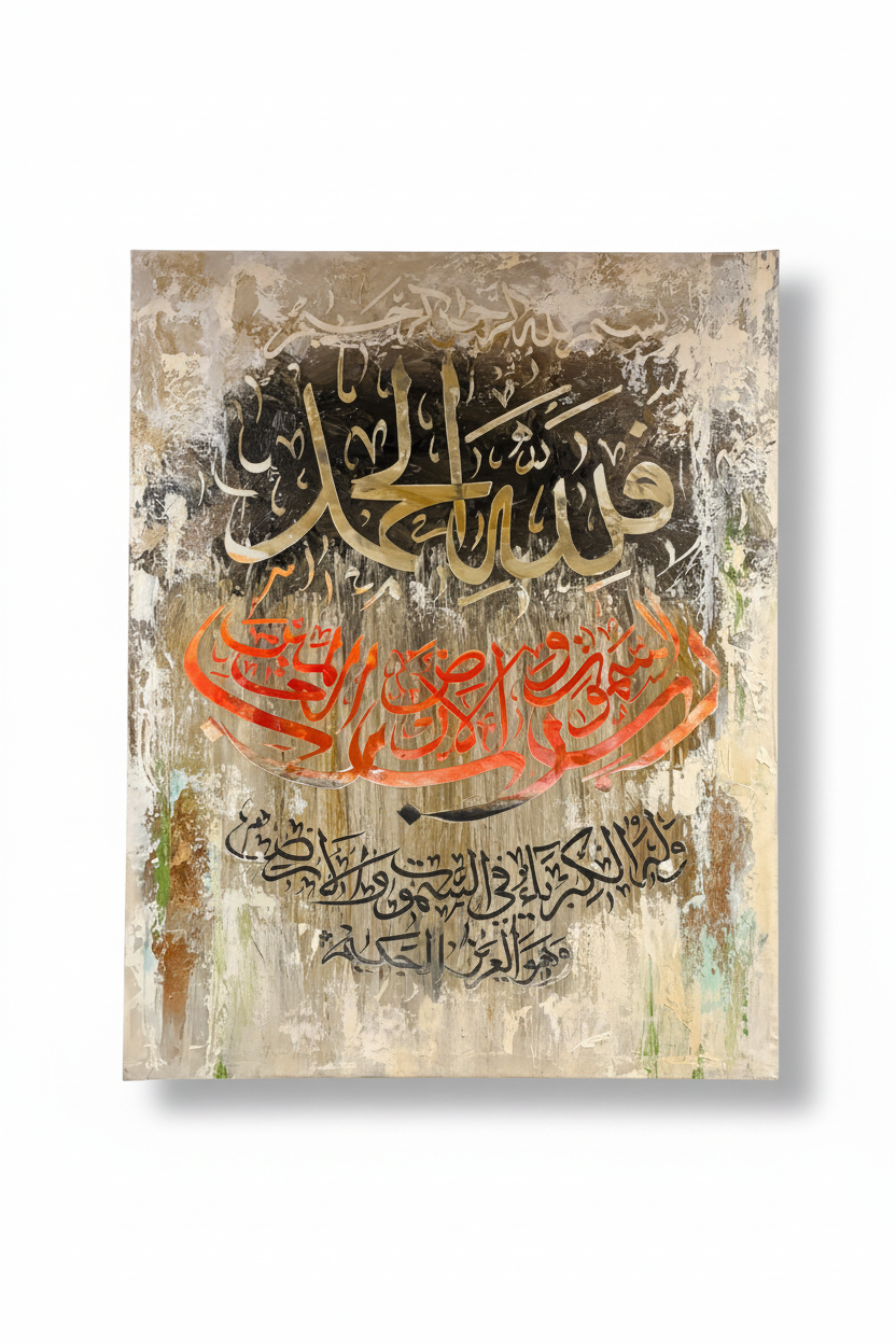 Arabic calligraphy canvas art on white background with shadow, no frame – product shot