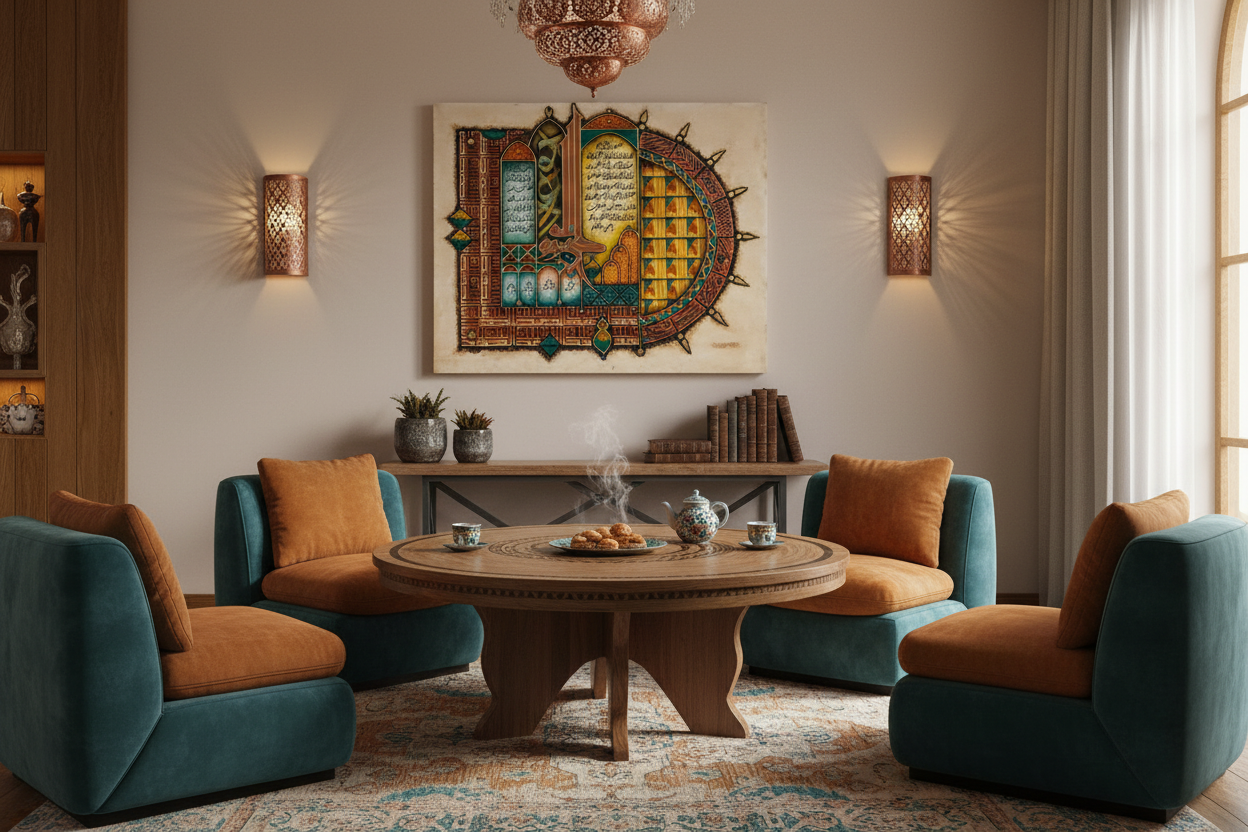 Islamic illuminated manuscript art displayed frameless in sophisticated dining area