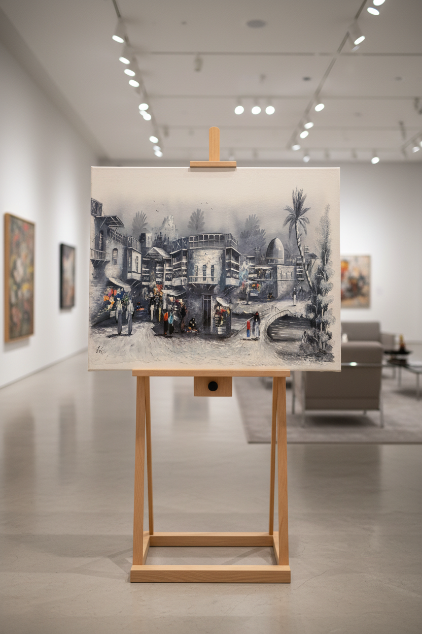 Middle Eastern village market oil painting displayed on wooden art stand, gallery setting, no frame