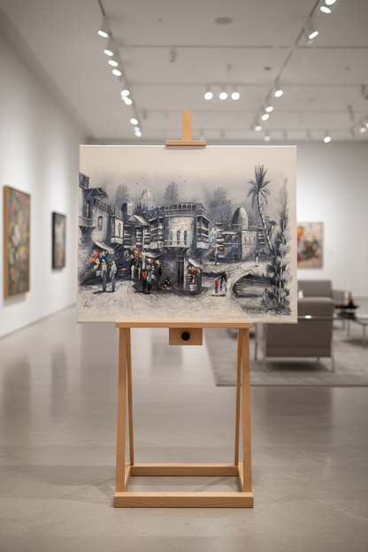 Middle Eastern village market oil painting displayed on wooden art stand, gallery setting, no frame