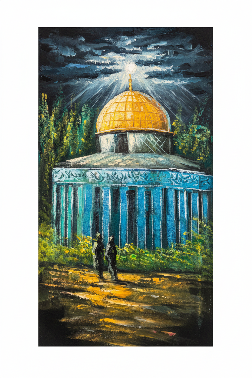 The Golden Dome original acrylic Dome of the Rock painting on white background — no frame, 11.81 x 23.62 inches
