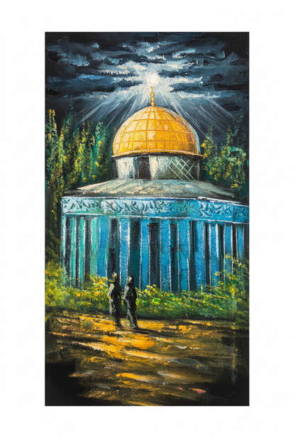 The Golden Dome original acrylic Dome of the Rock painting on white background — no frame, 11.81 x 23.62 inches