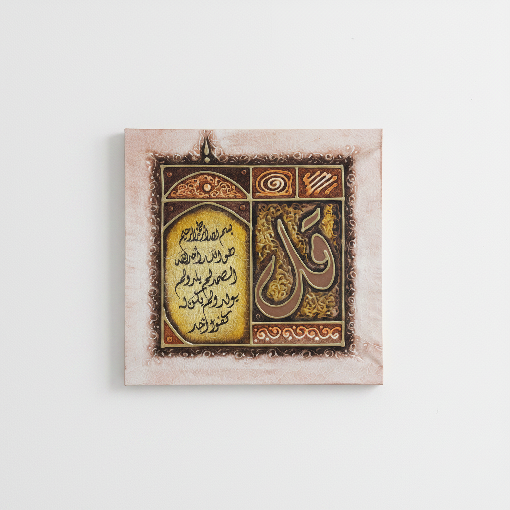 Surah Al-Ikhlas Qaf canvas hung on empty white wall