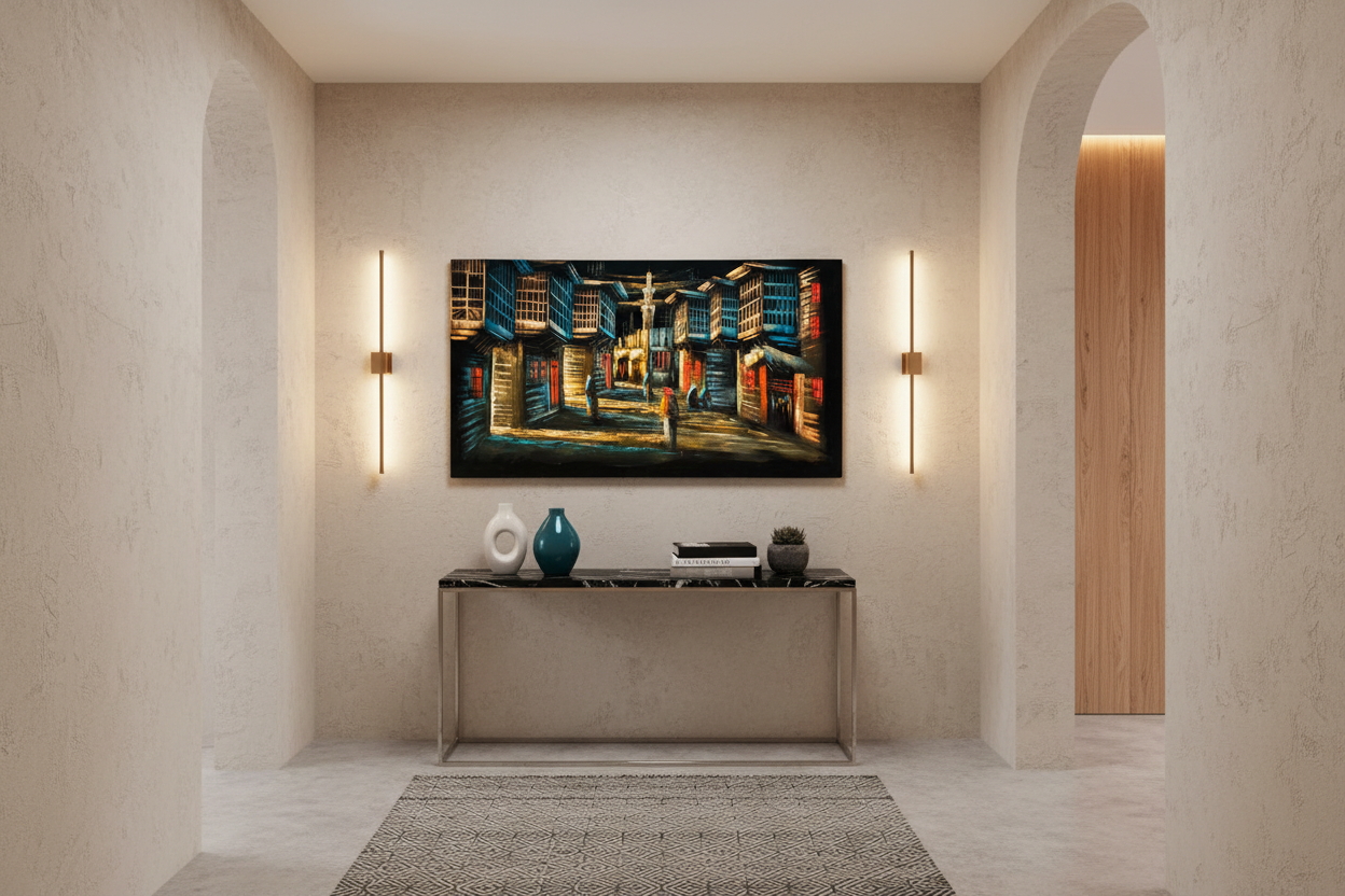Iraqi old town alleyway night scene canvas wall art displayed in elegant hallway