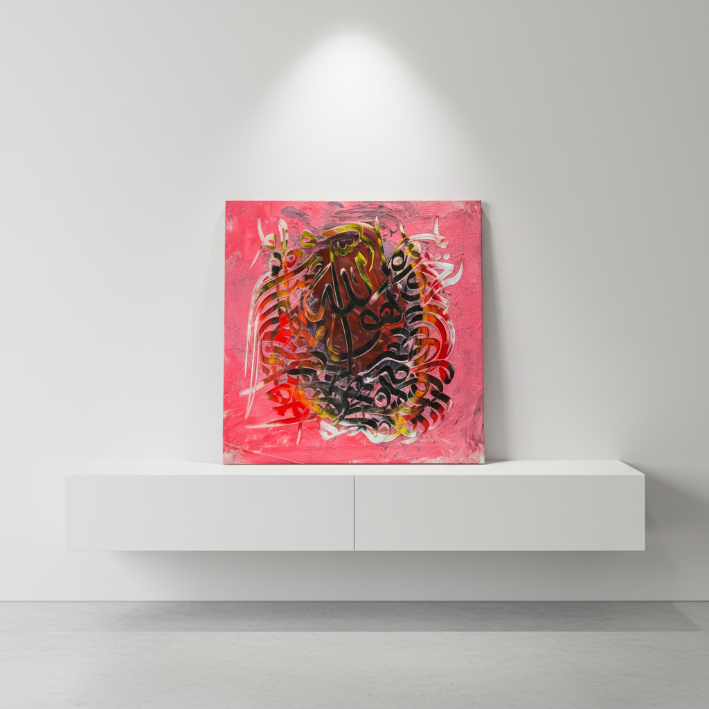 Allah hot pink red square canvas art 15.75x15.75 inches (40x40cm) on a minimalist stage area shelf, no frame