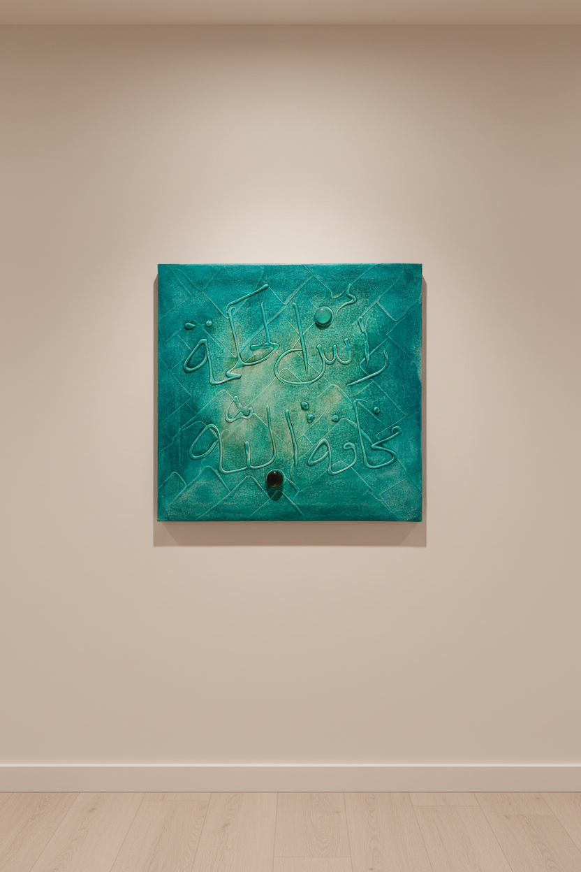 Ras Al-Hikma teal turquoise calligraphy canvas hanging on empty hallway wall – minimal modern interior