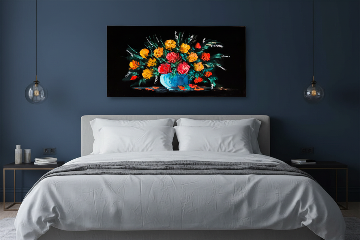 Original wide floral bouquet painting displayed unframed on a navy blue luxury bedroom wall