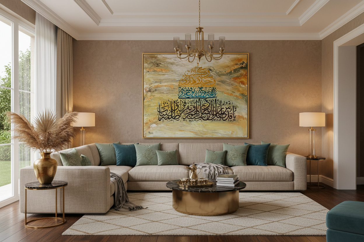 Arabic calligraphy canvas art displayed in luxury living room interior