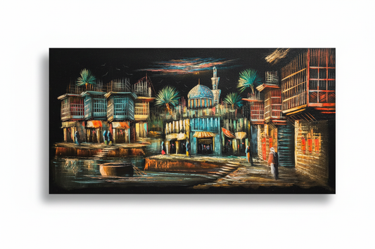 Middle Eastern waterfront bazaar night scene canvas wall art on white background with shadow – 47x24 inches