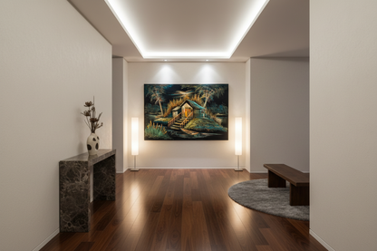 Riverside cabin canvas art in upscale hallway — lifestyle interior mockup