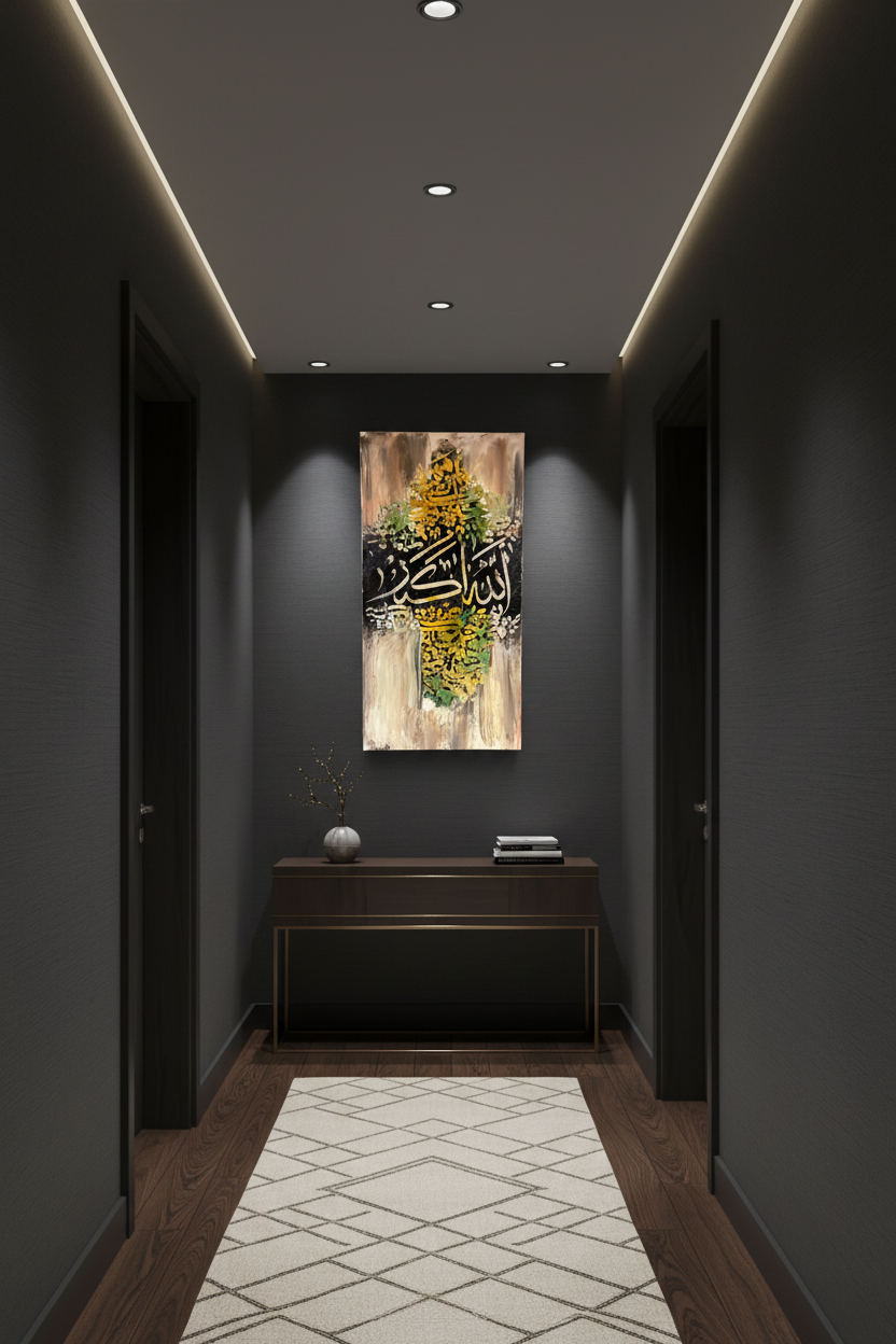 Allahu Akbar Islamic calligraphy canvas art hung in a modern hallway – lifestyle mockup, no frame