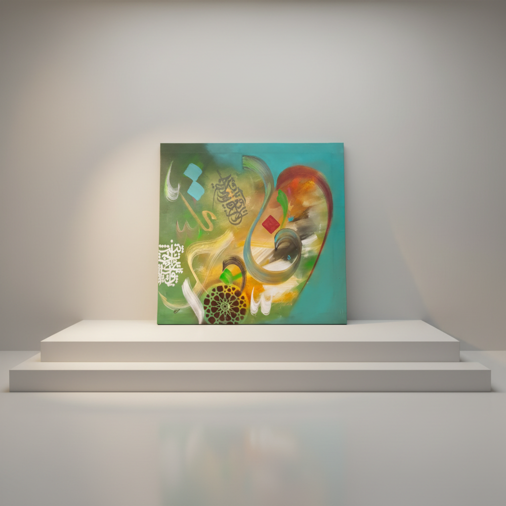 Abstract Islamic calligraphy teal green gold square canvas art 15.75x15.75 inches (40x40cm) on a minimalist stage area shelf, no frame