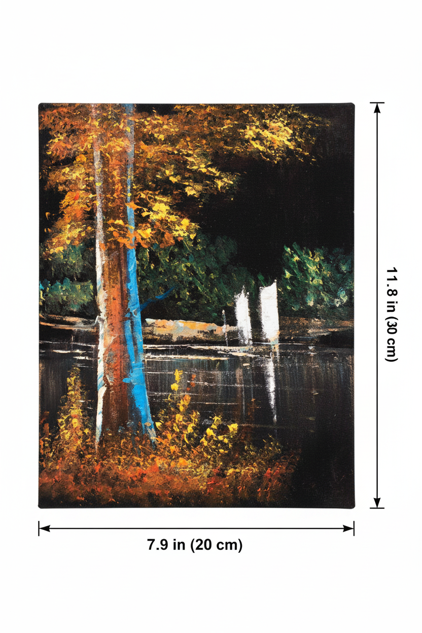 Autumn lakeside forest canvas art with dimensions 7.9 inches wide x 11.8 inches tall 20cm x 30cm