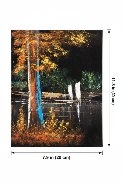 Autumn lakeside forest canvas art with dimensions 7.9 inches wide x 11.8 inches tall 20cm x 30cm