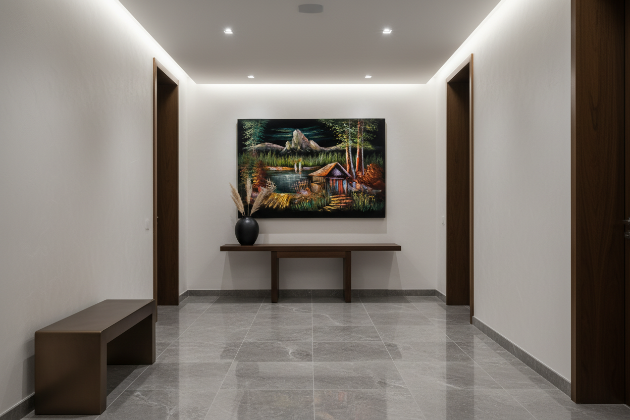 Alpine cabin mountain lake canvas art in upscale hallway — lifestyle interior mockup