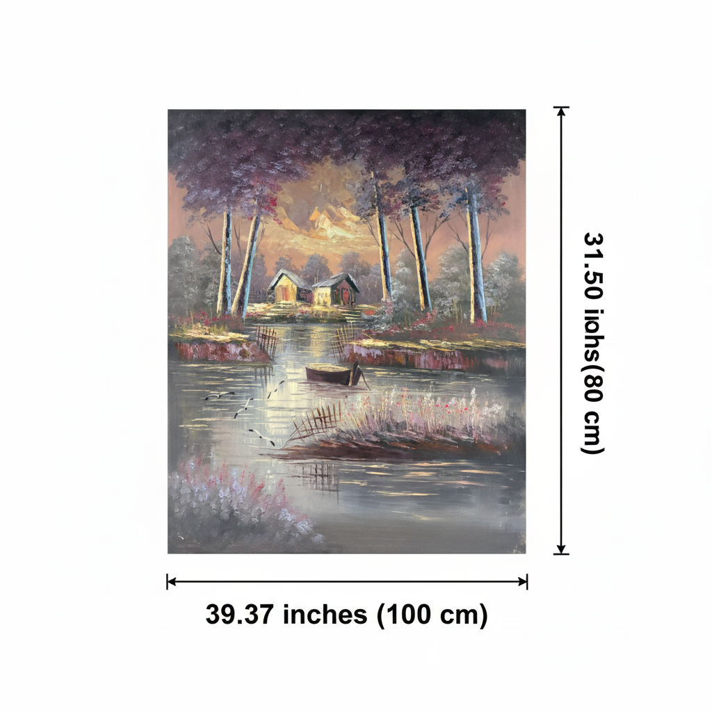 Dimension diagram showing 39.37 inches width and 31.50 inches height for the twilight lake cabin original oil painting