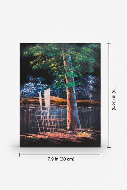 Dark lakeside tree sailboat canvas art with dimensions 7.9 inches wide x 11.8 inches tall 20cm x 30cm