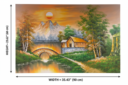 Dimension diagram of countryside sunset oil painting showing width 35.43 inches 90 cm and height 23.62 inches 60 cm on white background