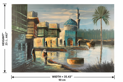 Dimension diagram of Iraqi riverside mosque oil painting showing width 35.43 inches 90 cm and height 23.62 inches 60 cm on white background