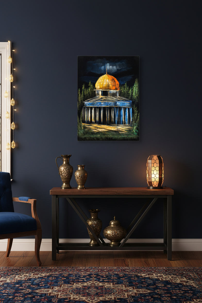 Dome of the Rock close-up night canvas art hung on deep navy wall in elegant Islamic inspired living room lifestyle photo