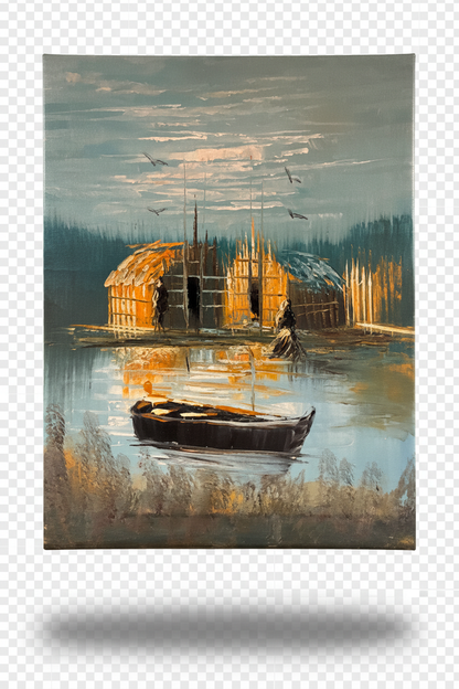 Twin reed huts marshland oil painting with transparent background and soft drop shadow – no frame