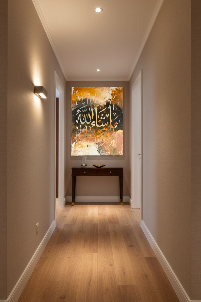 Masha'Allah amber Arabic calligraphy canvas art hanging in an elegant hallway with warm wood flooring, portrait 3:4 ratio, no frame gallery wrap, luxury home interior