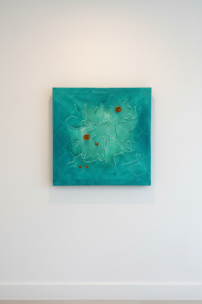 Islamic calligraphy teal diamond grid wall art displayed on empty white wall