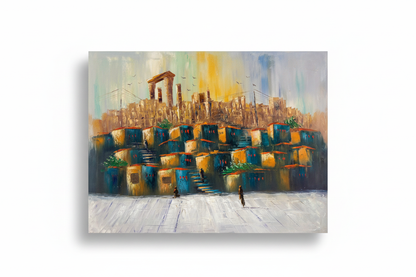 Original abstract Middle Eastern cityscape oil painting isolated on white background with soft drop shadow — clean product shot