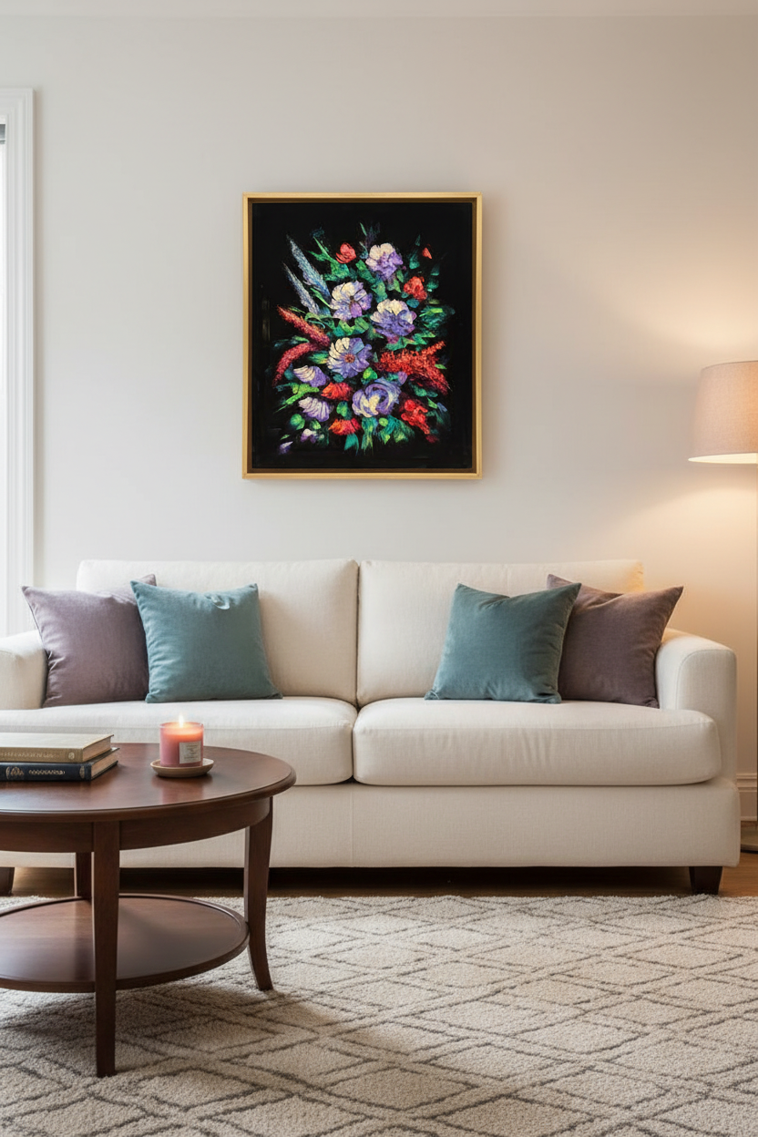 Vibrant floral bouquet impasto canvas art staged in a cozy living room sitting area above a sofa