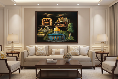 Dome of the Rock and Petra Heritage oil painting displayed in a luxury living room — 39.4 x 31.5 inch canvas wall art